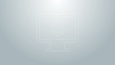 Gri arkaplanda dolar simgesi olan mavi çizgi bilgisayar monitörü. İnternet finansal güvenlik konsepti, çevrimiçi finans koruması. 4K Video hareketli grafik canlandırması