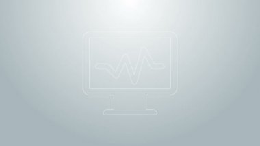Gri arkaplanda kardiyogram simgesi olan mavi çizgi bilgisayar monitörü. Simge denetleniyor. Kalp atışı elle çizilmiş EKG monitörü. 4K Video hareketli grafik canlandırması
