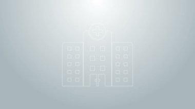 Gri arka planda çapraz ikonu olan mavi çizgi tıp hastanesi binası. Tıp merkezi. Sağlık hizmetleri. 4K Video hareketli grafik canlandırması