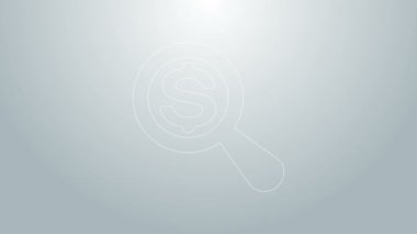 Mavi çizgi büyüteç ve dolar simgesi gri arka planda izole edilmiş. Para bul. Para arıyorum. 4K Video hareketli grafik canlandırması