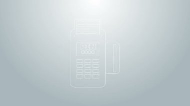 Gri arkaplanda mavi çizgi POS terminali, eklenmiş kredi kartı ve yazdırılmış alıcı simgesi var. NFC ödeme konsepti. 4K Video hareketli grafik canlandırması