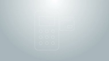 Gri arkaplanda izole edilmiş kredi kartı simgesi olan mavi çizgi Pos terminali. Ödeme terminali işlemi. 4K Video hareketli grafik canlandırması