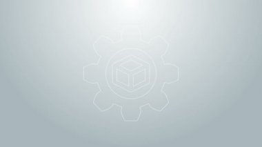 Mavi çizgi ürün geliştirme simgesi gri arkaplanda izole edildi. Vites ve küp. Başlangıç koleksiyonundan ürün geliştirme sembolü tasarımı. 4K Video hareketli grafik canlandırması