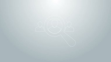 Gri arka planda izole edilmiş bir insan simgesi için mavi çizgi büyüteç. İşe alım ya da seçim konsepti. Çalışanları ve işi ara. 4K Video hareketli grafik canlandırması