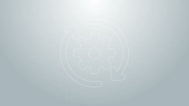 İş akışı konsepti simgesi olarak mavi çizgi dişlisi ve oklar gri arkaplanda izole edildi. Vites doldurma tabelası. 4K Video hareketli grafik canlandırması