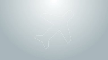 Mavi çizgi düzlem simgesi gri arkaplanda izole edildi. Uçan uçak ikonu. Uçak tabelası. 4K Video hareketli grafik canlandırması