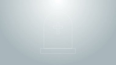 Gri arkaplanda çapraz simgesi olan mavi çizgi Tombstone. Mezar ikonu. 4K Video hareketli grafik canlandırması