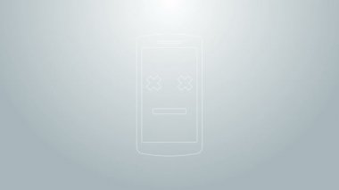 Mavi çizgi Gri arkaplanda ölü mobil simge izole edildi. Ölen dijital cihaz emojisi sembolü. Ceset akıllı telefonu yüz duygusunu gösteriyor. 4K Video hareketli grafik canlandırması
