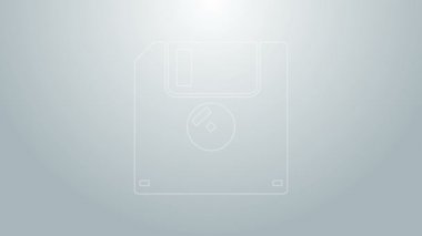 Bilgisayar veri depolama simgesi için mavi çizgi diski gri arkaplanda izole edildi. Disket işareti. 4K Video hareketli grafik canlandırması