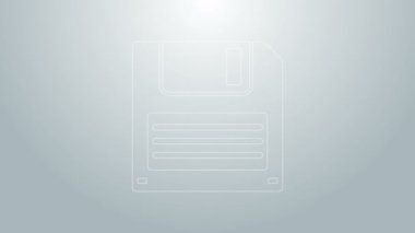 Bilgisayar veri depolama simgesi için mavi çizgi diski gri arkaplanda izole edildi. Disket işareti. 4K Video hareketli grafik canlandırması