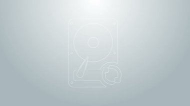 Mavi çizgi sabit disk sürücüsü HDD eşzamanlama simgesi gri arkaplanda izole edildi. 4K Video hareketli grafik canlandırması