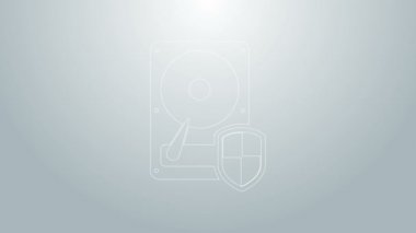Mavi çizgi sabit disk sürücüsü HDD koruma simgesi gri arkaplanda izole edildi. 4K Video hareketli grafik canlandırması