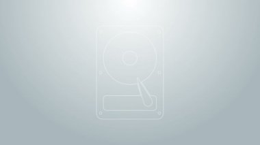 Mavi çizgi sabit disk sürücüsü HDD simgesi gri arkaplanda izole edildi. 4K Video hareketli grafik canlandırması