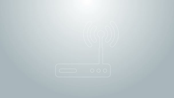 Blauwe lijn Router en wi-fi symbool pictogram geïsoleerd op grijze achtergrond. Draadloze ethernet modem router. Computertechnologie internet. 4K Video motion grafische animatie — Stockvideo