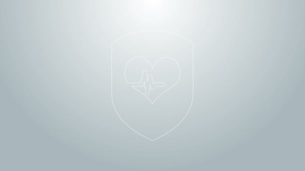 Linea blu Scudo e icona della frequenza cardiaca isolati su sfondo grigio. Concetto di tutela della salute. Assistenza sanitaria. Animazione grafica 4K Video motion — Video Stock