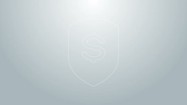 Blue line Shield and dollar icon isolated on grey background. Security shield protection. Money security concept. 4K Video motion graphic animation — Stock Video