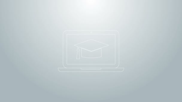 Niebieska linia Czapka Graduation na ekranie ikony laptopa izolowane na szarym tle. Koncepcja uczenia się online lub e-learningu. 4K Animacja graficzna ruchu wideo — Wideo stockowe