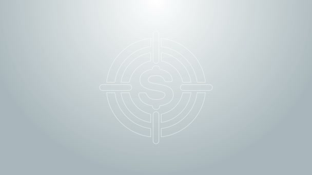 Ligne bleue Cible avec icône symbole dollar isolé sur fond gris. Objectif d'investissement. Concept d'entreprise réussi. Espèces ou argent signe. Animation graphique de mouvement vidéo 4K — Video