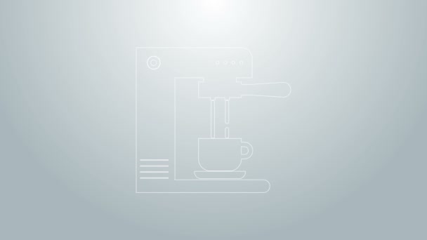 Línea azul Máquina de café y taza de café icono aislado sobre fondo gris. Animación gráfica de vídeo 4K — Vídeo de stock