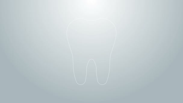 Синяя линия Значок зуба изолирован на сером фоне. Символ зуба для стоматологической клиники или стоматологического медицинского центра и упаковки зубной пасты. Видеографическая анимация 4K — стоковое видео