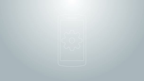 Blå linje Ställa in på smartphone-ikonen isolerad på grå bakgrund. Mobil och utrustning. Justering, service, inställning, underhåll, reparation, fixering. 4K Video motion grafisk animation — Stockvideo