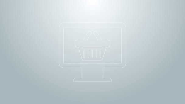 Modrá čára Počítačový monitor s ikonou nákupního košíku izolované na šedém pozadí. Nákupní košík online. Symbol supermarketu. Grafická animace pohybu videa 4K — Stock video