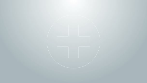Blauwe lijn Medisch kruis in cirkel pictogram geïsoleerd op grijze achtergrond. Eerste hulp medisch symbool. 4K Video motion grafische animatie — Stockvideo