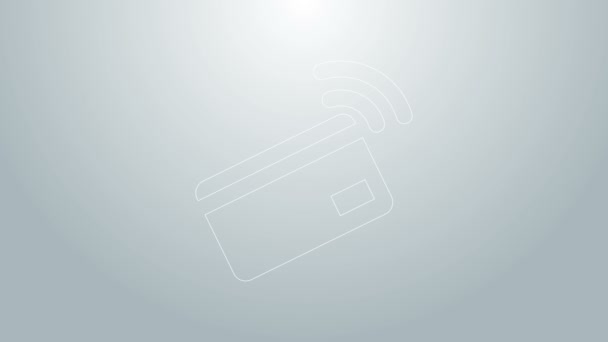 Blue Line Безконтактний платіж з піктограмою картки nfc ізольовано на сірому фоні. Картка зі знаком радіохвилі. Оплата кредитною карткою. 4K Відео рух графічна анімація — стокове відео