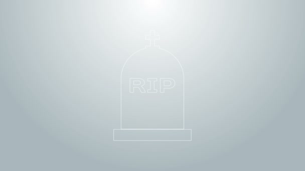蓝色线墓碑上写的RIP图标孤立在灰色背景。雕刻的图标。4K视频运动图形动画 — 图库视频影像