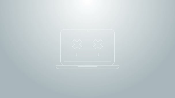 Blå linje Dead bärbar dator ikon isolerad på grå bakgrund. 404 fel som laptop med död emoji. Dödligt fel i PC-systemet. 4K Video motion grafisk animation — Stockvideo