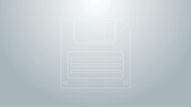 Kék vonal Floppy lemez számítógépes adattároló ikon elszigetelt szürke alapon. Lemeztábla. 4K Videó mozgás grafikus animáció — Stock videók