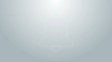 Mavi çizgi zil simgesi gri arkaplanda izole edildi. Alarm sembolü, servis zili, el zili işareti, uyarı sembolü. 4K Video hareketli grafik canlandırması