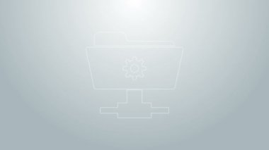 Mavi çizgi FTP dizin ayarları simgesi gri arkaplanda izole edildi. Yazılım güncellemesi, transfer protokolü, yönlendirici, takım çalışması araç yönetimi, kopyalama işlemi. 4K Video hareketli grafik canlandırması