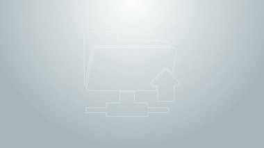 Mavi çizgi FTP dizin yükleme simgesi gri arkaplanda izole edildi. Yazılım güncellemesi, transfer protokolü, yönlendirici, takım çalışması araç yönetimi, kopyalama işlemi. 4K Video hareketli grafik canlandırması