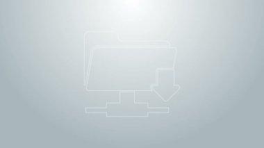 Mavi çizgi FTP dizin indirme simgesi gri arkaplanda izole edildi. Yazılım güncellemesi, transfer protokolü, yönlendirici, takım çalışması araç yönetimi, kopyalama işlemi. 4K Video hareketli grafik canlandırması