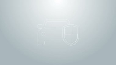 Mavi çizgi araba koruması ya da sigorta ikonu gri arka planda izole edilmiş. Araba koruma kalkanını koru. Güvenlik rozeti ikonu. Otomatik güvenlik etiketi. 4K Video hareketli grafik canlandırması