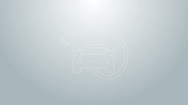 Mavi hat elektrikli araba ve elektrik kablosu şarj ikonu gri arka planda izole edildi. Yenilenebilir ekolojik teknolojiler. 4K Video hareketli grafik canlandırması