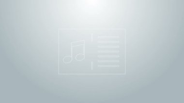 Gri arkaplanda not simgesi olan mavi çizgi müzik kitabı. Notalı nota kağıdı. Müzik notaları için not defteri. 4K Video hareketli grafik canlandırması