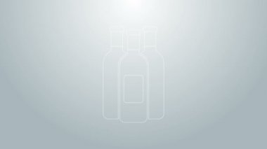 Mavi çizgili şarap şişeleri gri arka planda izole edilmiş. 4K Video hareketli grafik canlandırması