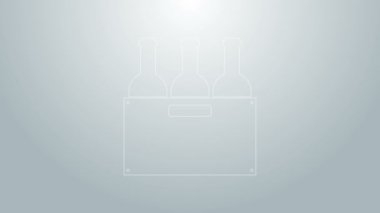 Gri arka planda izole edilmiş ahşap bir kutuda mavi çizgi şarap şişeleri. Tahta bir sandıkta şarap şişeleri. 4K Video hareketli grafik canlandırması