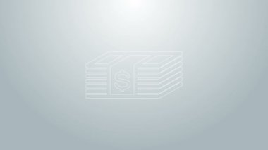 Mavi çizgi kağıt para Amerikan doları nakit para ikonu gri arka planda izole. Para banknotları dolar simgesiyle istiflenir. Para birimi. 4K Video hareketli grafik canlandırması