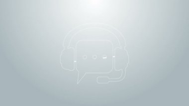 Gri arkaplanda konuşma baloncuğu simgesi olan mavi çizgi kulaklıklar. Müşteri hizmetleri, yardım hattı, çağrı merkezi, kılavuz, bakım. 4K Video hareketli grafik canlandırması