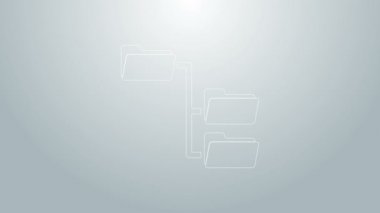 Gri arkaplanda mavi çizgi ağaç simgesi izole edildi. Bilgisayar ağı dosya dizini yapı akış şeması. 4K Video hareketli grafik canlandırması