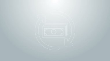 Mavi çizgi para iadesi simgesi gri arkaplanda izole edildi. Finansal hizmetler, nakit geri ödeme konsepti, para iadesi, yatırım dönüşü, tasarruf hesabı. 4K Video hareketli grafik canlandırması