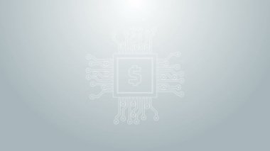Gri arkaplanda dolar simgesi olan mavi çizgi işlemci çipi. İşlemci, merkezi işlem birimi, mikroçip, mikro devre, bilgisayar işlemcisi. 4K Video hareketli grafik canlandırması