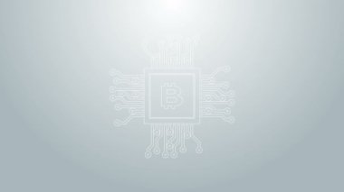 Mavi çizgi işlemci çiftlik ikonu gri arka planda izole edildi. İşlemcinin içinde bitcoin işareti. Kripto para madenciliği topluluğu. Dijital para. 4K Video hareketli grafik canlandırması