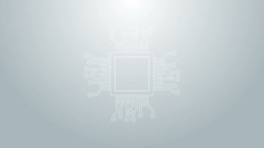 Mavi çizgi İşlemci simgesi gri arkaplanda izole edildi. İşlemci, merkezi işlem birimi, mikroçip, mikro devre, bilgisayar işlemcisi, çip. 4K Video hareketli grafik canlandırması