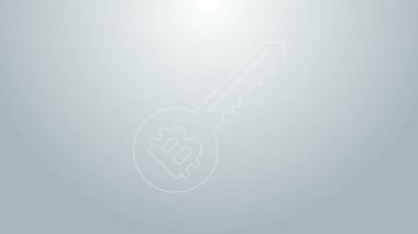 Mavi çizgi şifreleme anahtar simgesi gri arkaplanda izole edildi. Siber güvenlik kavramı ya da özel anahtar, teknolojik arayüzlü dijital anahtar. 4K Video hareketli grafik canlandırması