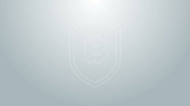 Gri arka planda bitcoin simgesi olan mavi çizgi kalkanı. Kripto para madenciliği, engelleme teknolojisi, güvenlik, koruma, dijital para. 4K Video hareketli grafik canlandırması