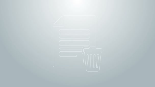 Blaue Linie Löscht das Dateidokument-Symbol auf grauem Hintergrund. Papierbogen mit Papierkorbschild. Verworfenes Dokument-Symbol. Kreuz auf Papier. 4K Video Motion Grafik Animation — Stockvideo
